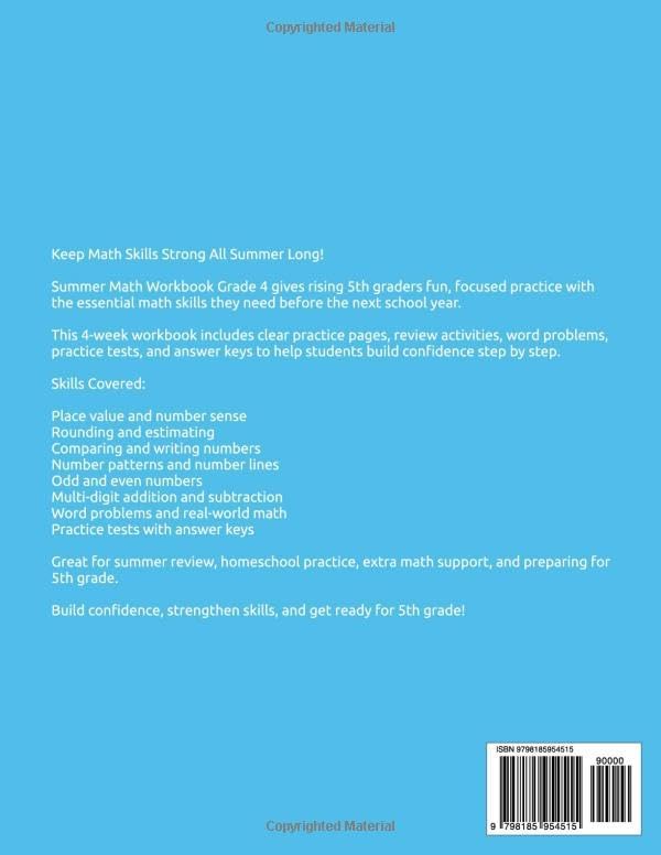 Summer Math Workbook Grade 4: 4 Weeks of Place Value, Number Sense, Addition & Subtraction Practice for Rising 5th Graders Ages 9–10 by SmartSteps Publishing