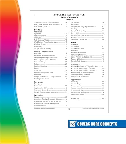 Carson Dellosa Spectrum 4th Grade Test Practice Workbook All Subjects, Ages 9 to 10, Grade 4 Test Practice Math, Language Arts, Reading Comprehension, Vocabulary, Writing, and Math - 160 Pages by Spectrum