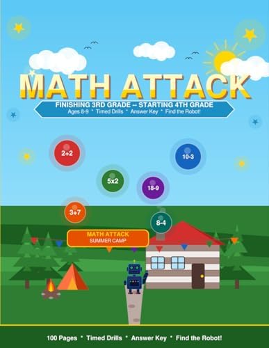 Math Attack: Summer Camp — Finishing 3rd Grade, Starting 4th Grade: Timed Math Drills, Answer Key & Find the Robot! | Ages 8–9 by Hoyt Fischbeck