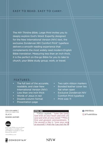 NIV, Thinline Bible, Large Print, Bonded Leather, Black, Red Letter, Comfort Print by Zondervan
