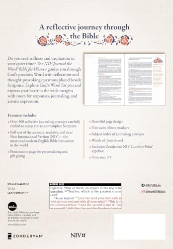NIV, Journal the Word Bible for Women (Perfect for Note-Taking), Leathersoft, Teal, Red Letter, Comfort Print: 500+ Prompts to Encourage Journaling and Reflection by Zondervan
