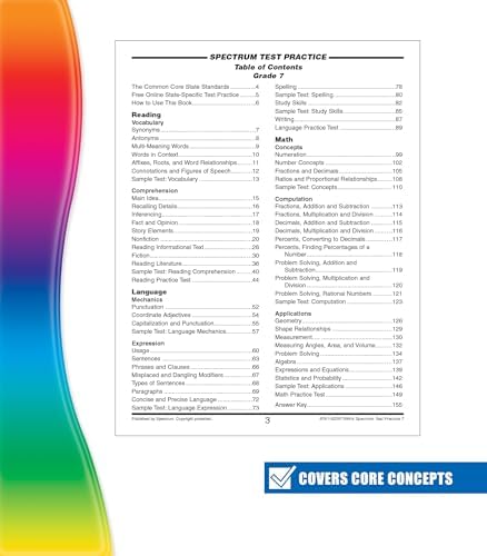 Spectrum 7th Grade Test Practice Workbooks All Subjects, Ages 12 to 13, Grade 7 Test Practice, Language Arts, Reading Comprehension, Vocabulary, Writing and Math Reproducible Book - 160 Pages by Spectrum