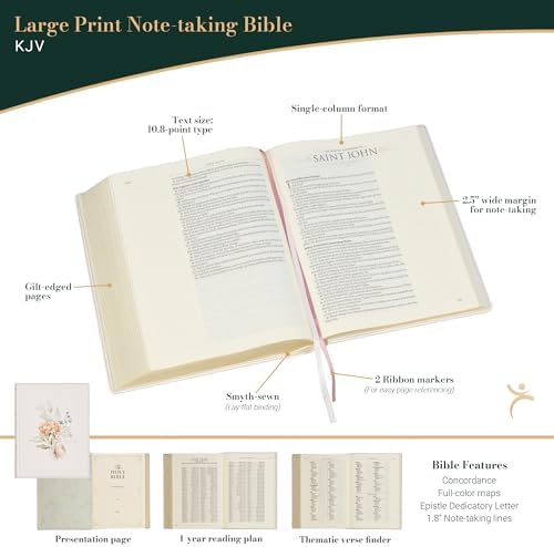 KJV Holy Bible, Large Print Note-taking Bible, Vegan Leather Hardcover - King James Version, Blush Bouquet Printed (KJV Note-taking Editions) by Christian Art Publishers