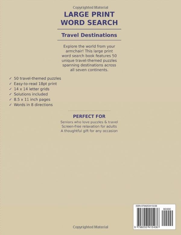 Large Print Word Search Puzzle Book for Adults and Seniors: 50 Travel Destination Themed Puzzles with Easy-to-Read 18pt Print and Complete Solutions by Ricky Lewis