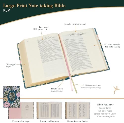 KJV Note-taking Bible, Large Print Special Edition, Journal Space, Reading Plan, Maps, Concordance, King James Version Holy Bible, Ally Dark Teal Floral, 10.8 pt. (KJV Note-taking Loveall Edition) by Christian Art Publishers