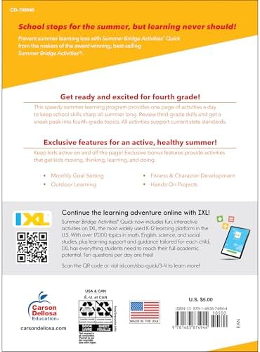 Summer Bridge Activities Quick 3rd to 4th Grade Workbook, Activity Book With Math, Language Arts, Social Studies, Science, Fitness, Reading Comprehension, Handwriting, and Reinforcement Learning by Summer Bridge Activities