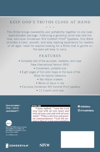 NIV, Personal Size Bible, Large Print, Leathersoft, Teal/Gold, Red Letter, Comfort Print by Zondervan