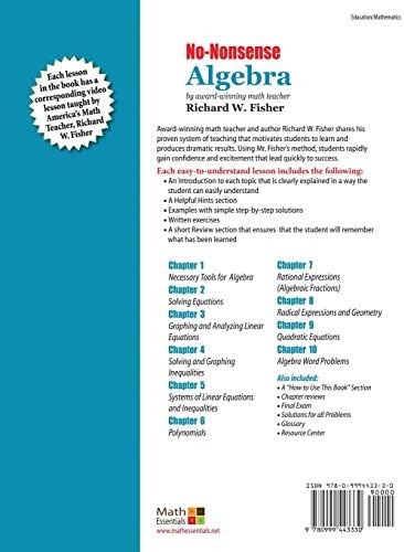 No-Nonsense Algebra, 2nd Edition: Part of the Mastering Essential Math Skills Series (Stepping Stones to Proficiency in Algebra) by Richard W Fisher