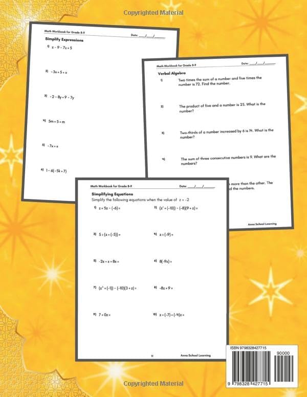 Summer Math Workbook Grade 8-9, With Equations, Expressions, Inequalities, Verbal Algebra, Linear Equations, Percentage and Geometry Skills: 8th to ... Practice Workbook with Answers, Ages 13-15 by Anna School Learning