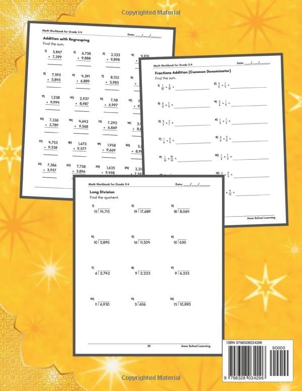 Summer Math Workbook Grade 3-4, With Addition, Subtraction, Multiplication, Division, Decimals, Fractions, Place Value, Geometry, and Roman Numerals ... Math Practice Summer Workbook With Answers by Anna School Learning