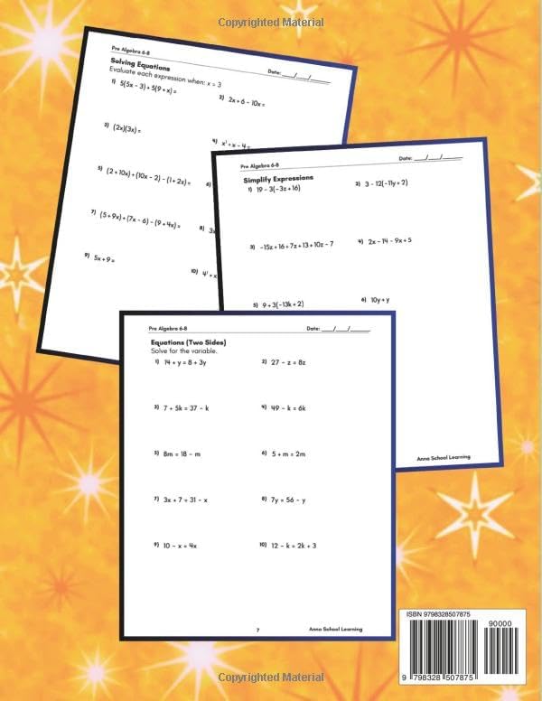Summer Pre Algebra Workbook Grade 6-8, with Inequalities, Equation, Expressions, Linear Equations and Order of Operations Skills: 6th, 7th and 8th ... Answers, Ages 11-14 (Summer Math Workbooks) by Anna School Learning