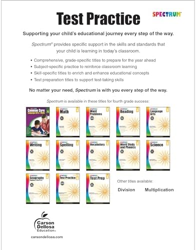 Carson Dellosa Spectrum 4th Grade Test Practice Workbook All Subjects, Ages 9 to 10, Grade 4 Test Practice Math, Language Arts, Reading Comprehension, Vocabulary, Writing, and Math - 160 Pages by Spectrum