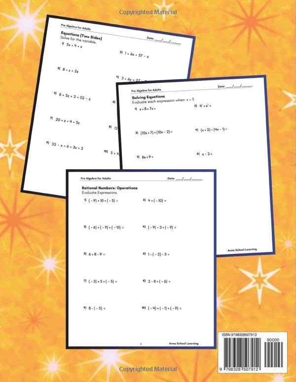 Summer Pre Algebra Workbook For Adults, with Order of Operations, Rational Numbers, Equations (One Side, and Two Sides), Inequalities, Expressions, ... Answers for Adults (Summer Math Workbooks) by Anna School Learning