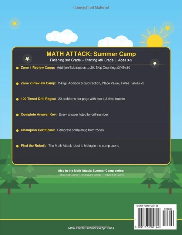 Math Attack: Summer Camp — Finishing 3rd Grade, Starting 4th Grade: Timed Math Drills, Answer Key & Find the Robot! | Ages 8–9 by Hoyt Fischbeck