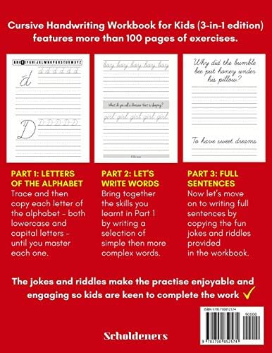Cursive Handwriting Workbook for Kids: 3-in-1 Writing Practice Book to Master Letters, Words & Sentences by Scholdeners