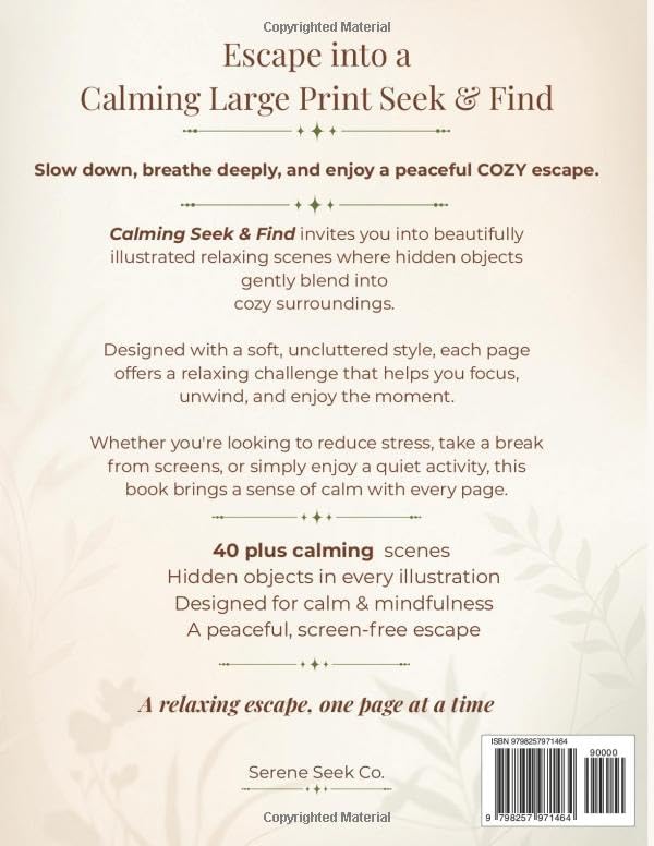 Calming Senior Seek & Find: 40 Relaxing Hidden Object Puzzles for Stress Relief | Great for Brain Stimulation, Dementia and Forgetfulness | Perfect ... (Large Print) (Relaxing Seek & Find Books) by Serene Seek Co.