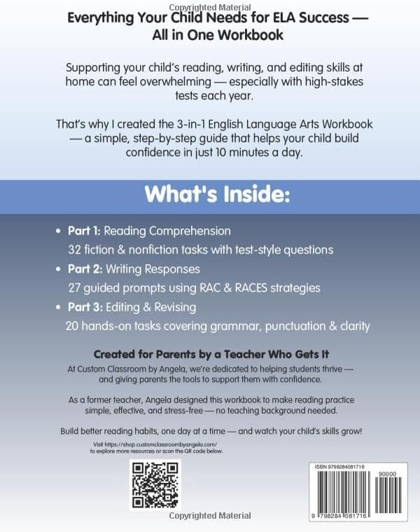 5th Grade ELA Workbook: Reading Comprehension, Writing, and Grammar Practice for Summer Learning & STAAR Test Prep: Master key ELA skills with reading ... grammar review. Great for summer learning. by Angela Sultzer