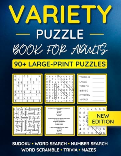 Variety Puzzle Book For Adults: 90+ Large-Print Puzzles Word Search, Sudoku, Word Scramble, Number Search, Trivia, Mazes by FUNAFTER BOOKS