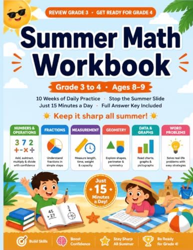 Summer Math Workbook: Grade 3 to 4: 10 Weeks of Daily Practice to Stop the Summer Slide | Multiplication, Fractions, Place Value, Geometry & More | ... Grade & Get Ready for 4th | With Answer Key by Digi Math