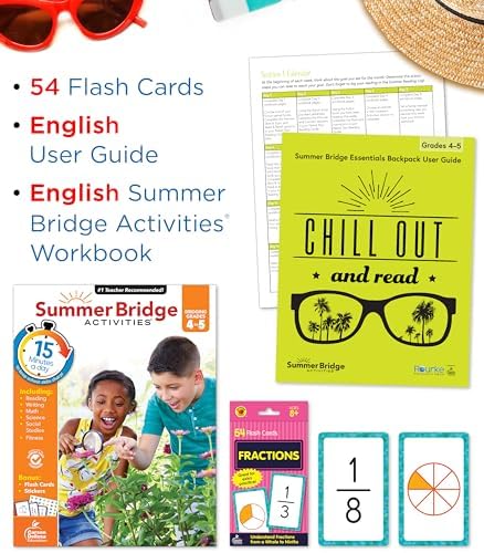 Summer Bridge Activities 4-5 Bundle, Ages 9-10, Math, Language Arts, and Science Summer Learning 5th Grade Workbooks All Subjects, Fractions Math Flash Cards, Children's Books, and Drawstring Bag by Rourke Educational Media