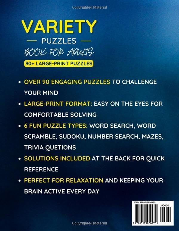 Variety Puzzle Book For Adults: 90+ Large-Print Puzzles Word Search, Sudoku, Word Scramble, Number Search, Trivia, Mazes by FUNAFTER BOOKS