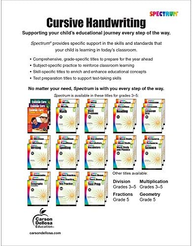 Spectrum Cursive Handwriting Workbook for Kids Ages 8 to 12, Letters and Cross-Curricular Words Cursive Handwriting Workbook for Kids, Grades 3 to 5 - 96 Pages by Spectrum