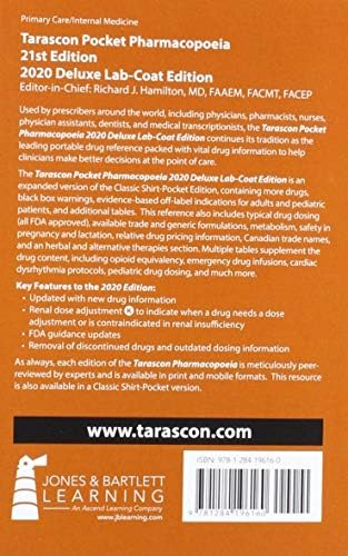 Tarascon Pocket Pharmacopoeia 2020 Deluxe Lab-Coat Edition by MD FAAEM FACMT FACEP Editor in Chief Richard J. Hamilton