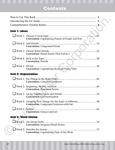 Evan-Moor Daily 6-Trait Writing, Grade 2, Homeschool and Classroom Resource Workbook, Reproducible Worksheets, Teaching Edition, Lesson Plans, Ideas, Organization, Word Choice, Sentence Fluency, Voice by Evan-Moor Educational Publishers