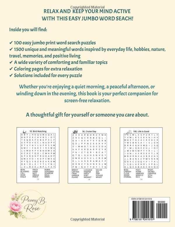Jumbo Word Search for Seniors: 100 Easy Extra Large Print Puzzles with Solutions (Ageless Mind: Jumbo Word Search Books for Seniors) by Peony B. Rose