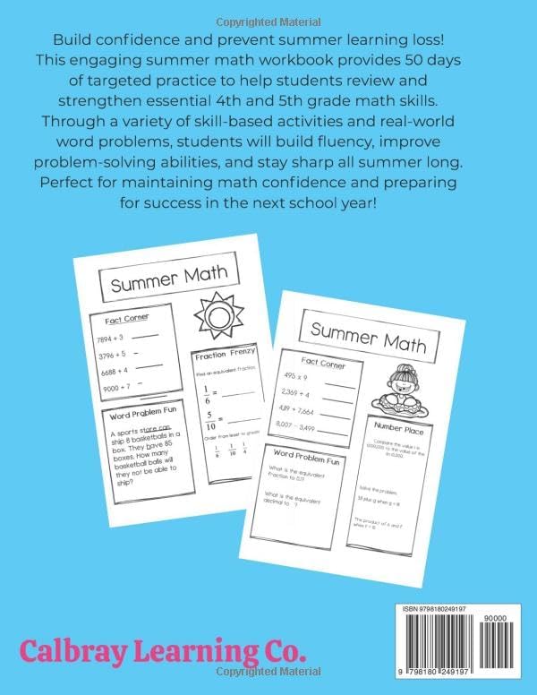 Summer Math Workbook for 4th & 5th Grade: 50 Days of Practice in Fractions, Decimals, Word Problems, Multiplication, Division & Problem-Solving ... Prepare for Success in the Next School Year by Andrea Veltri