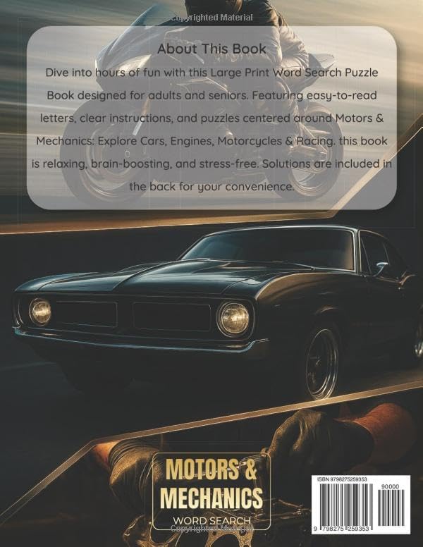 Motors and Mechanics Word Search Puzzle Book Large Print for Adults and Seniors: 100 Fun Large Print Themed Puzzles About Cars, Engines, Motorcycles, ... Puzzle Collection for Adults & Seniors) by Jasine Ben