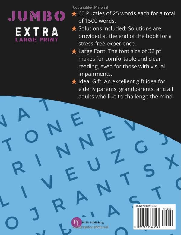 Jumbo Extra Large Print Word Search for Adults & Seniors: 32 Font Size Extra Large Print. 60 Word Search with Solutions. Hours of Fun and Mental Training for the Visually Impaired. by PiElle Publishing