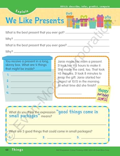 Evan-Moor Skill Sharpeners Critical Thinking, Grade 3 Workbook, Problem Solving Skills, Fun Activities, Higher-Order, Open-Ended Questions and Challenges, Science, Math, Social Studies, Language Arts by Evan-Moor Educational Publishers