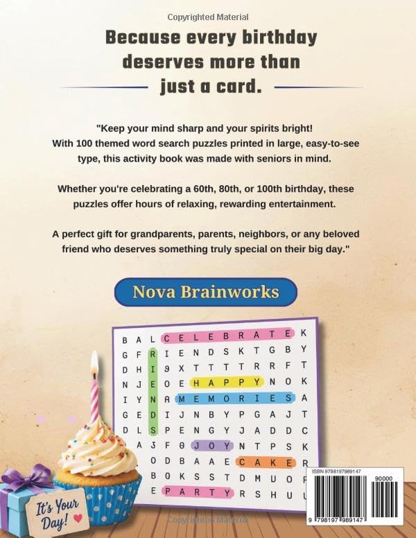 Happy Birthday Large Print Word Search for Seniors: 100 Fun Puzzles — A Thoughtful Activity Gift for Men & Women by Nova Brainworks