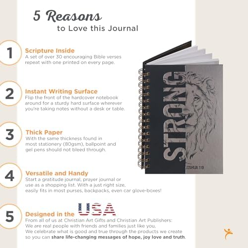 Christian Art Gifts Spiral Journal: Strong - Joshua 1:9 | Men Gifts, Hardcover Notebook, Wide Ruled Notebook, Christian Journal, 192 Lined Pages, Lion, Black/Gray (8.4” x 6.4” x 1”) by Christian Art Gifts