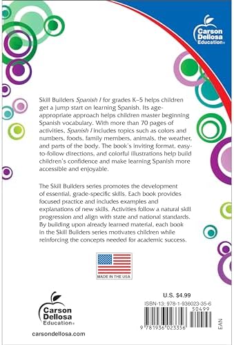 Carson Dellosa Skill Builders K-5 Spanish Workbook, Alphabet, Vocabulary, Sight Words, Numbers, and More, Kindergarten to 5th Grade Classroom or Homeschool Curriculum by Carson Dellosa Education