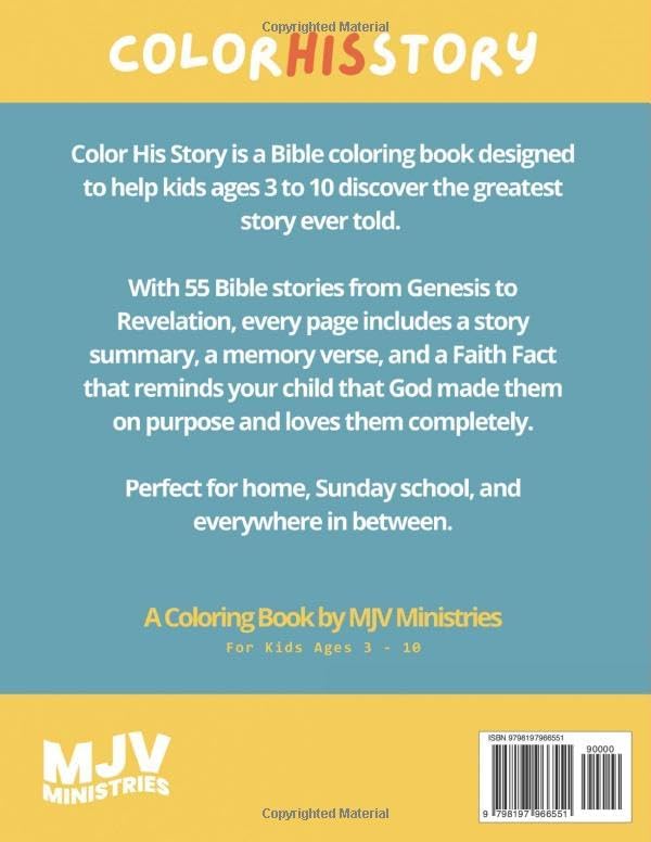 Color His Story: A Christian Coloring Book for Kids — Biblical Scenes, Scripture Verses, and Faith-Filled Pages by MJV Ministries