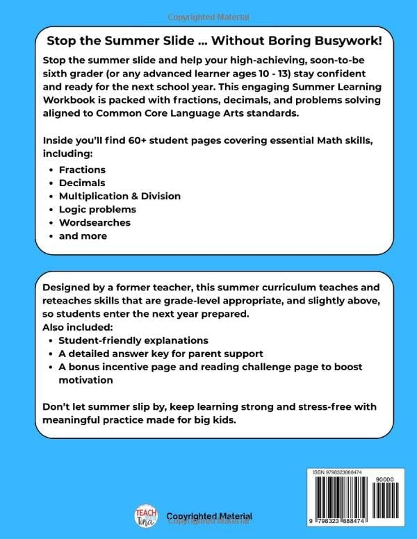 Summer Math Workbook Grades 5 - 6: Summer Math Workbook Ages 10 - 12, Covering Fractions, Decimals, Order of Operations, Word Problems (Beat the ... Arts - 4th to 5th Grade and 5th to 6th Grade) by Christina Kolleuy