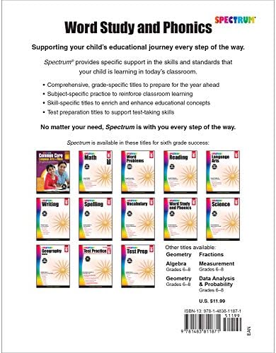Spectrum 6th Grade Word Study and Phonics Workbook, Ages 11 to 12, Grade 6 Phonics and Word Study, Root Words, Analogies, Acronyms, Diagraphs, Vocabulary Builder, and Dictionary Skills - 168 Pages by Spectrum