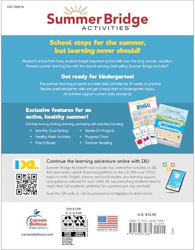 Summer Bridge Activities Preschool to Kindergarten Workbook, Activity Book Ages 4-6 With Math, Phonics, Handwriting Practice, Fitness, Flash Cards, Stickers, and More by Summer Bridge Activities