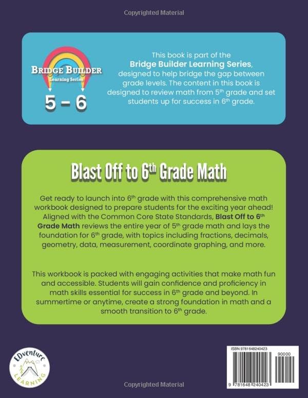Blast Off to 6th Grade Math: 5th to 6th Grade Transition Math Workbook (Bridge Builder Learning Series) by EDventure Learning