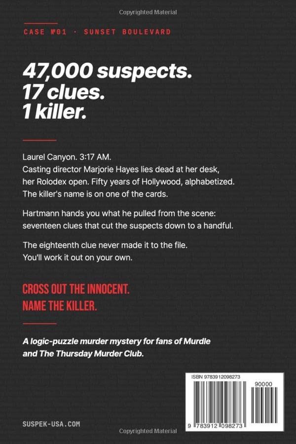 SUSPEK - Murder on Sunset Boulevard: 47,000 Suspects, 17 Clues, Name the Killer | A Murder Mystery Puzzle Book for Adults, Armchair Detectives, ... and Cozy Crime Fans (Case 01) (SUSPEK-US) by Enigmathek Press