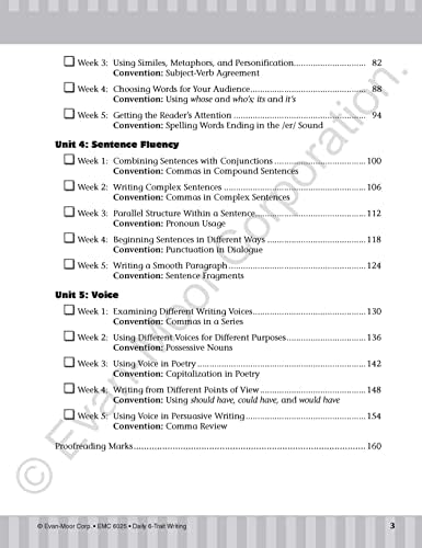Evan-Moor Daily 6-Trait Writing, Grade 5 Homeschool and Classroom Resource Workbook, Reproducible Worksheets, Teaching Edition, Lesson Plans, Ideas, Organization, Word Choice, Sentence Fluency, Voice by Evan-Moor Educational Publishers