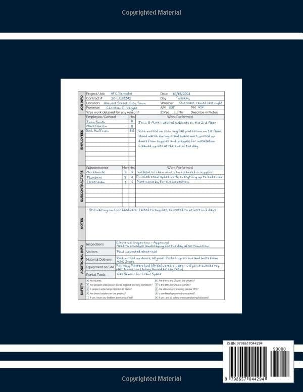 Construction Site Daily Log (Blue): Quality Daily Project Management Job Report With Info About Project, Employees' and Subcontractors' Performed Work, Safety Checklist and additional Info & Notes by Christian E. Vargas