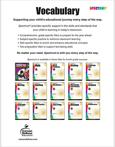 Spectrum Grade 4 Vocabulary Workbook, 4th Grade Vocabulary Covering Word Relationships, Sensory Language, Roots and Affixes, and Reading Comprehension Context Clues, Classroom or Homeschool Curriculum by Spectrum