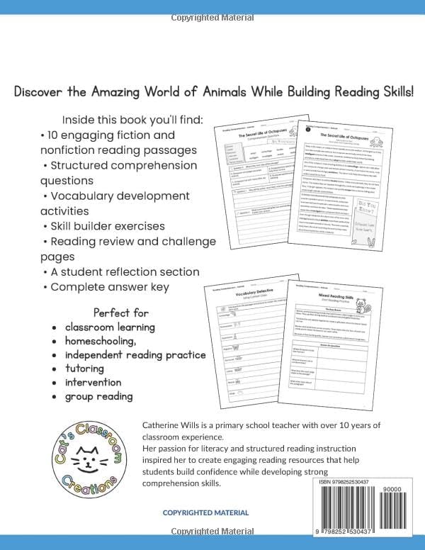 4th Grade Reading Comprehension Workbook: Animals Edition: 10 Reading Passages, Vocabulary Practice, Skill Builders,Reading Review by Catherine Wills