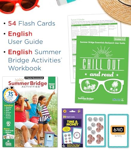Summer Bridge Activities 1-2 Bundle, Ages 6-7, Math, Language Arts, Reading, and Science Summer Learning 2nd Grade Workbooks All Subjects, Time and Money Flash Cards, Children's Books, Drawstring Bag by Rourke Educational Media