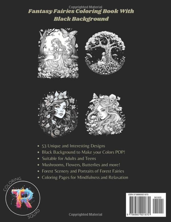 Forest Fairies Coloring Book For Adults: Fantasy Fairies Coloring Book With Black Background, For Mindfulness And Relaxation, Forest Designs by TR Coloring Squad