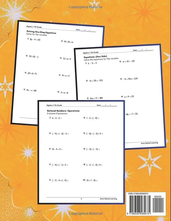 Algebra 1 Summer Workbook 7th Grade: with Solving and Evaluating Equations, Order of Operations, Rational Numbers, and Mixed Numbers Skills: Grade 7 ... Answers, Ages 12-13 (Summer Math Workbooks) by Anna School Learning