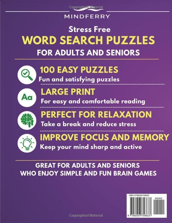Stress Free Large Print Word Search for Seniors: 100 Easy Puzzles • Relax Your Mind • Large Print 8.5x11 for Comfort & Clarity (Mindferry Large Print Puzzle Collection) by Charles Mindferry